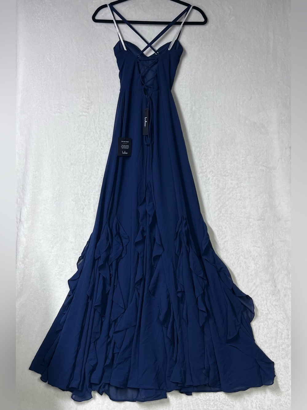 Lulus Priela Dark Navy Ruffled Lace-Up Maxi Dress Evening Gown XS NWT Prom Party - Picture 6 of 11